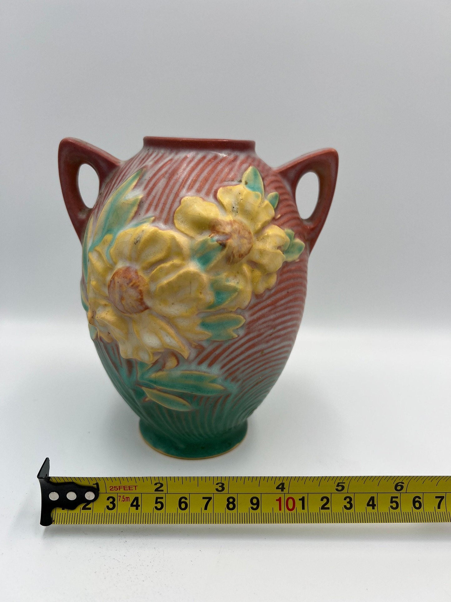 Roseville Pottery Vase: Pink Peony Floral Design 58-6
