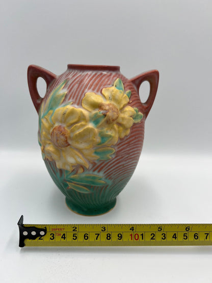 Roseville Pottery Vase: Pink Peony Floral Design 58-6