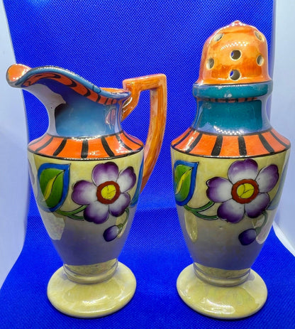 Vintage Lusterware Creamer Muffineer Sugar Shaker Set, Hand Painted in Japan