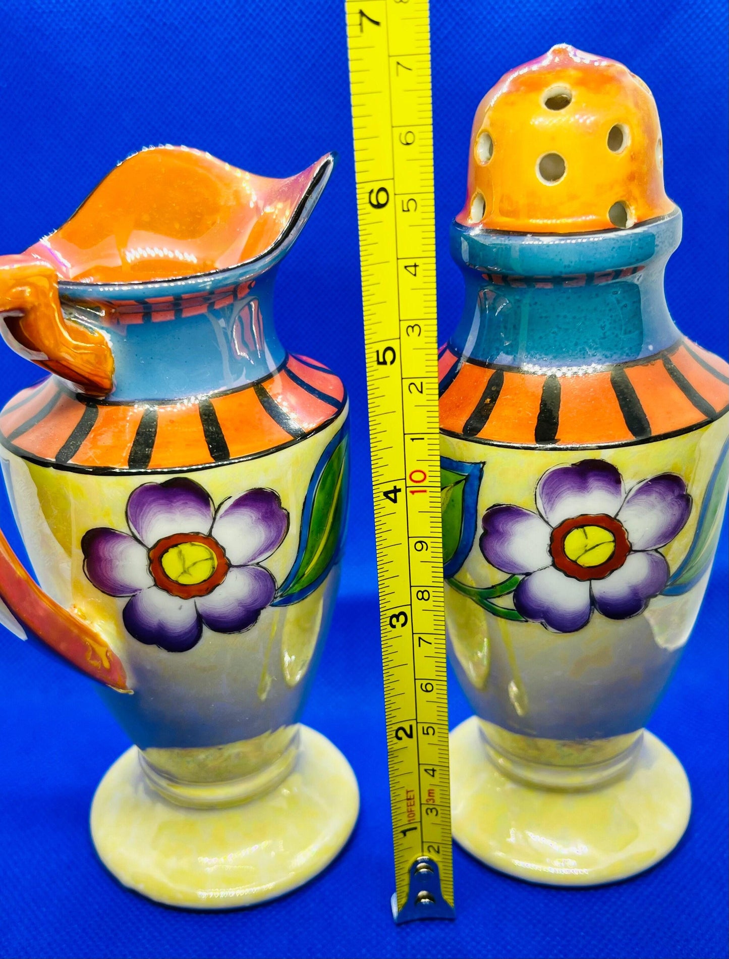 Vintage Lusterware Creamer Muffineer Sugar Shaker Set, Hand Painted in Japan