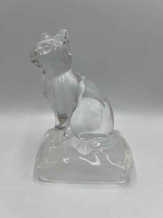 Clear Glass Cat Paperweight, Vintage Sitting Figurine (5" Tall)