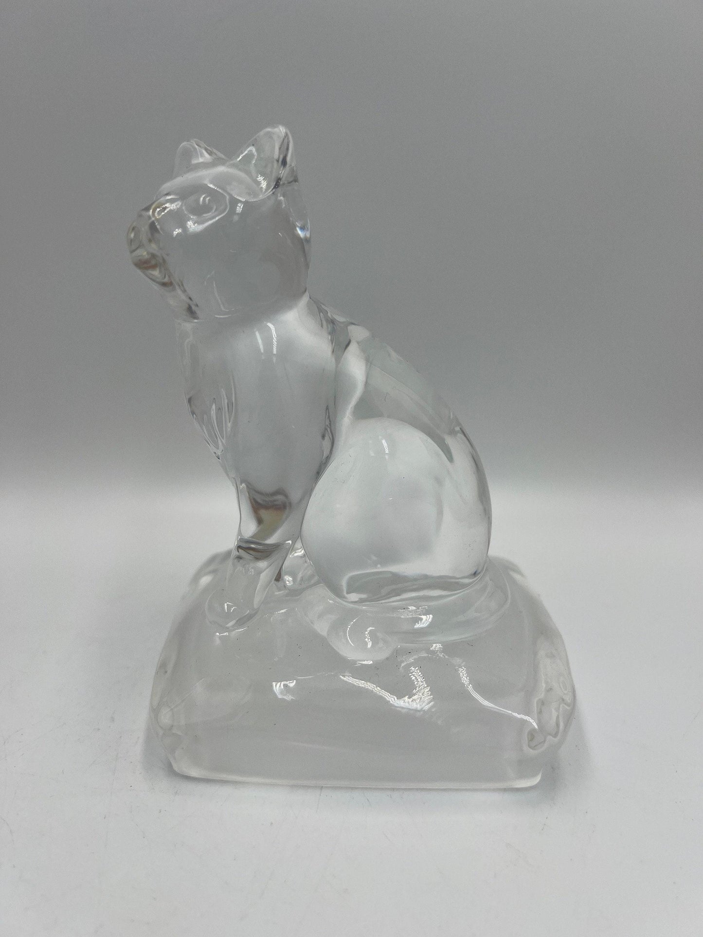 Clear Glass Cat Paperweight, Vintage Sitting Figurine (5" Tall)