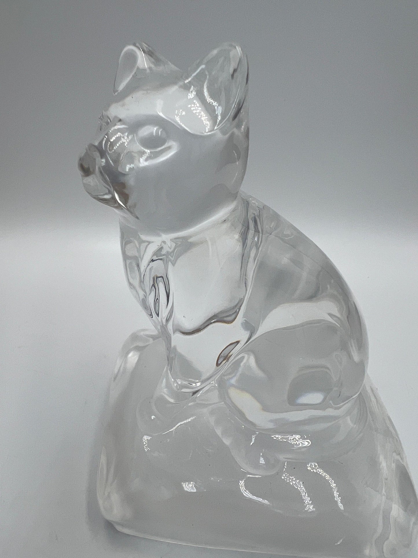 Clear Glass Cat Paperweight, Vintage Sitting Figurine (5" Tall)