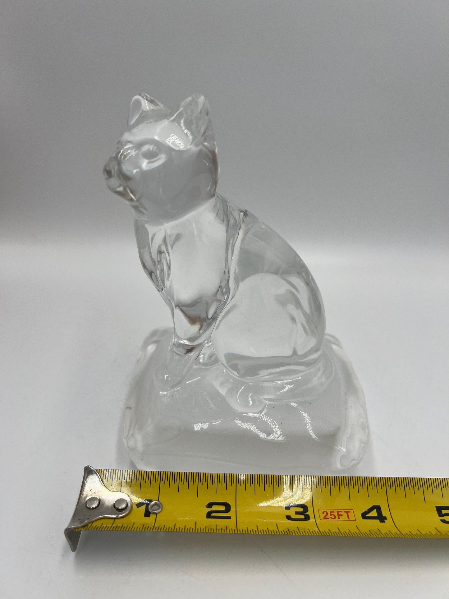 Clear Glass Cat Paperweight, Vintage Sitting Figurine (5" Tall)