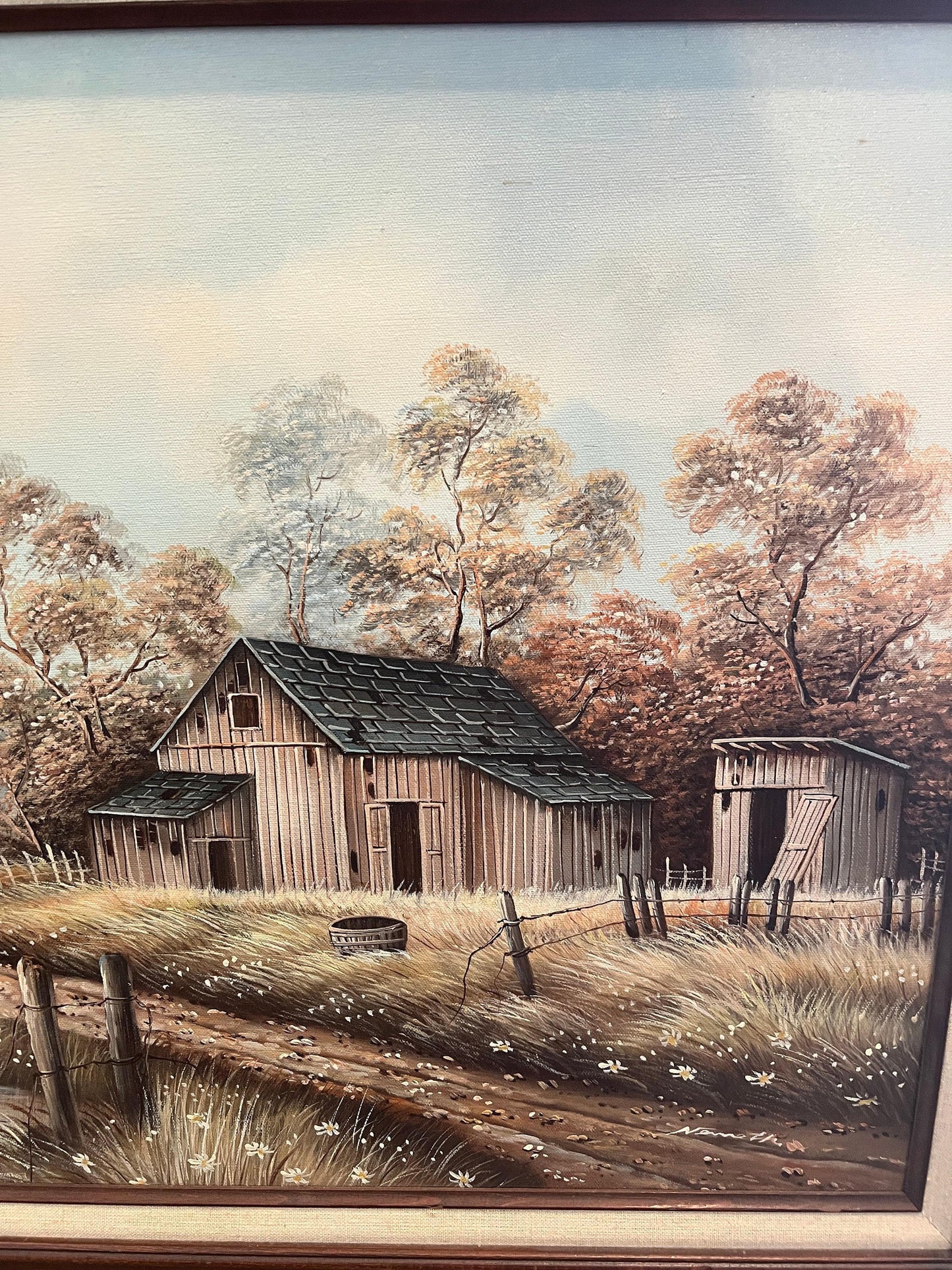 Original Oil Painting on Canvas, Rustic Barn Scene (Framed 31x29")