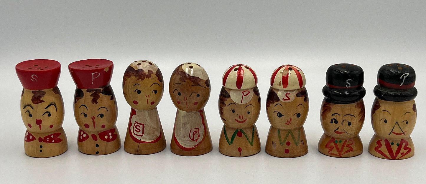 Salt and Pepper Shakers: 1950s Japanese Mini Wood Set - Hand Painted