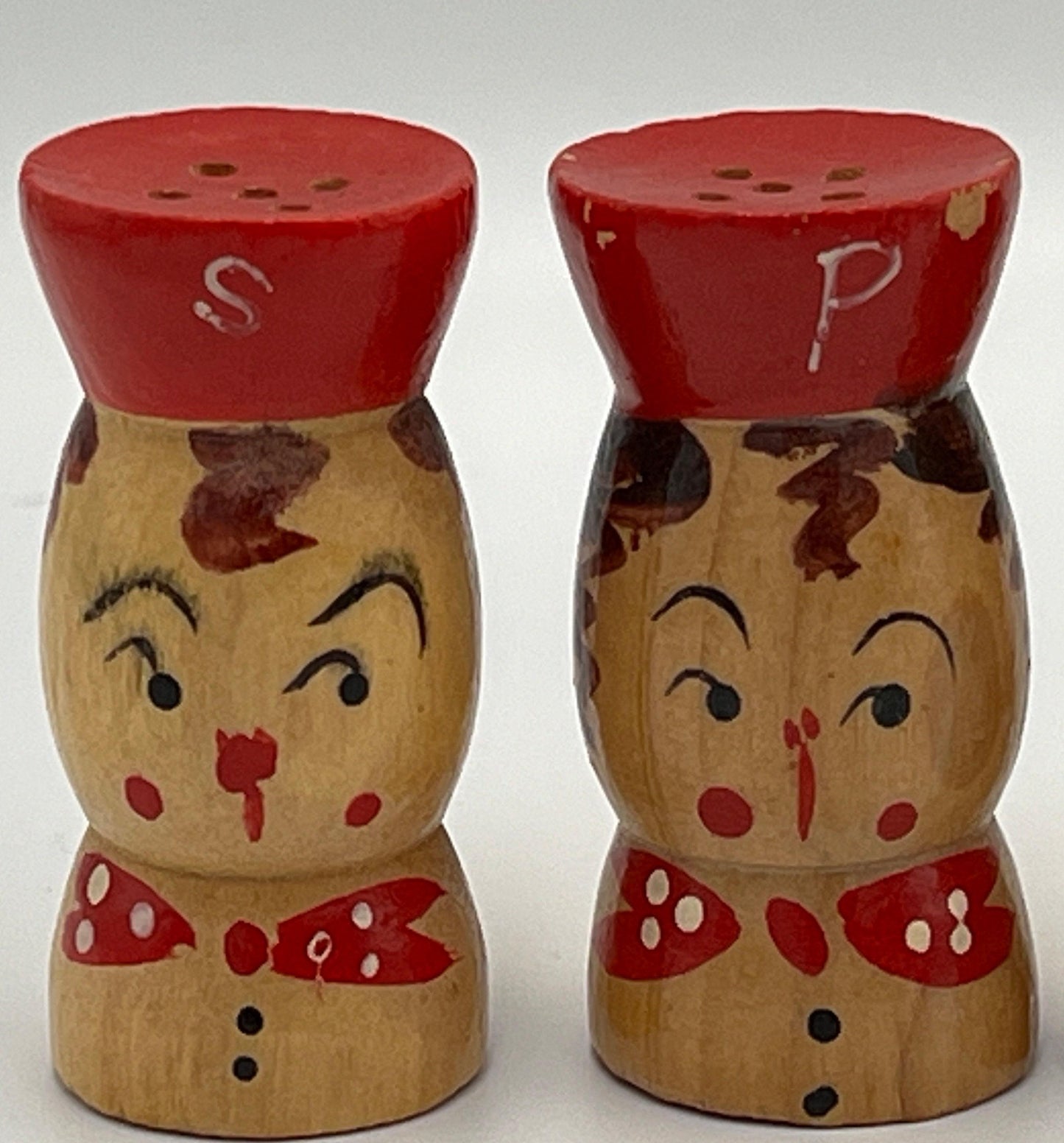 Salt and Pepper Shakers: 1950s Japanese Mini Wood Set - Hand Painted