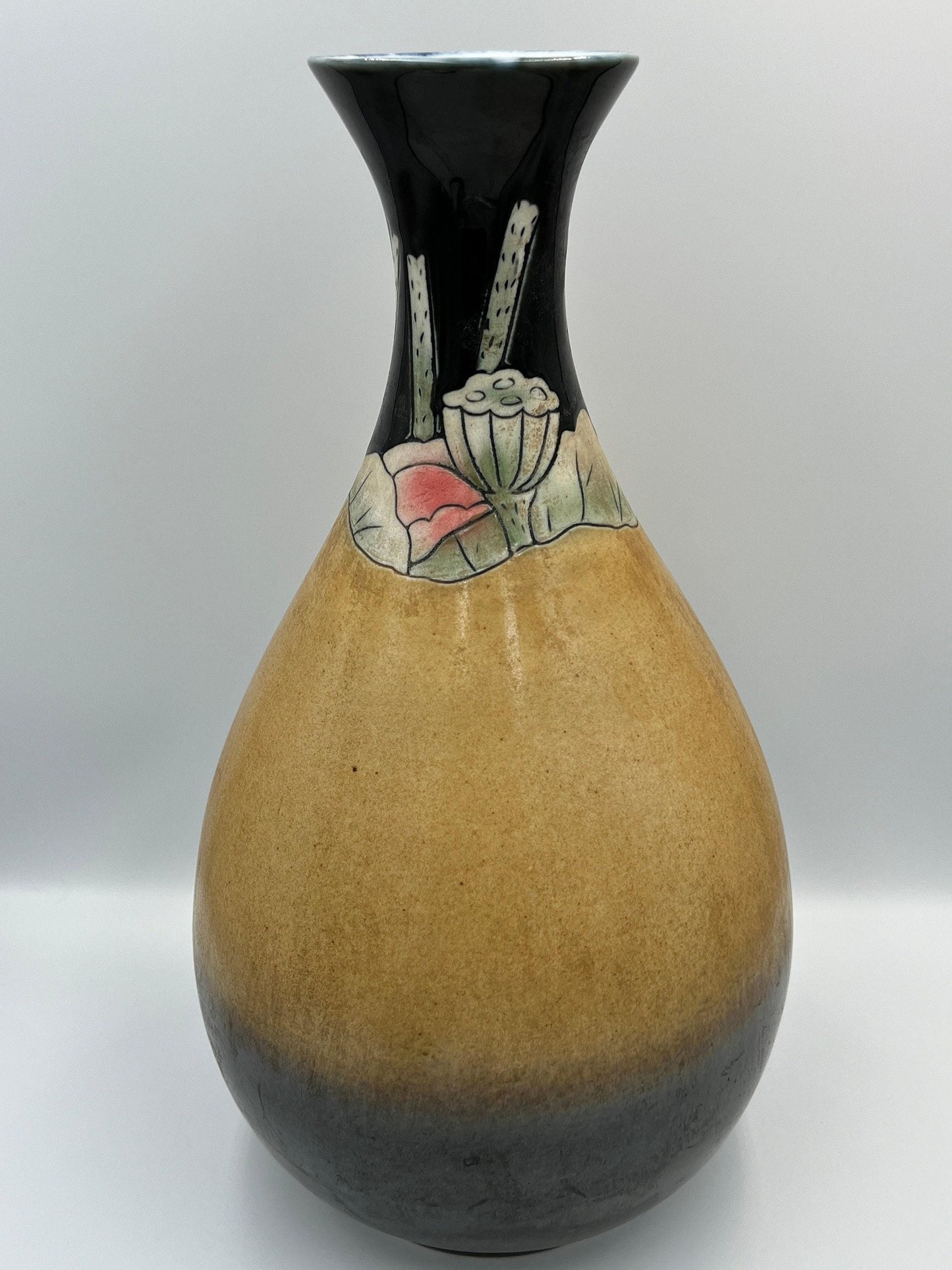 Chinese Porcelain Vase, Brown Black Glaze, Floral Design (15" Tall)