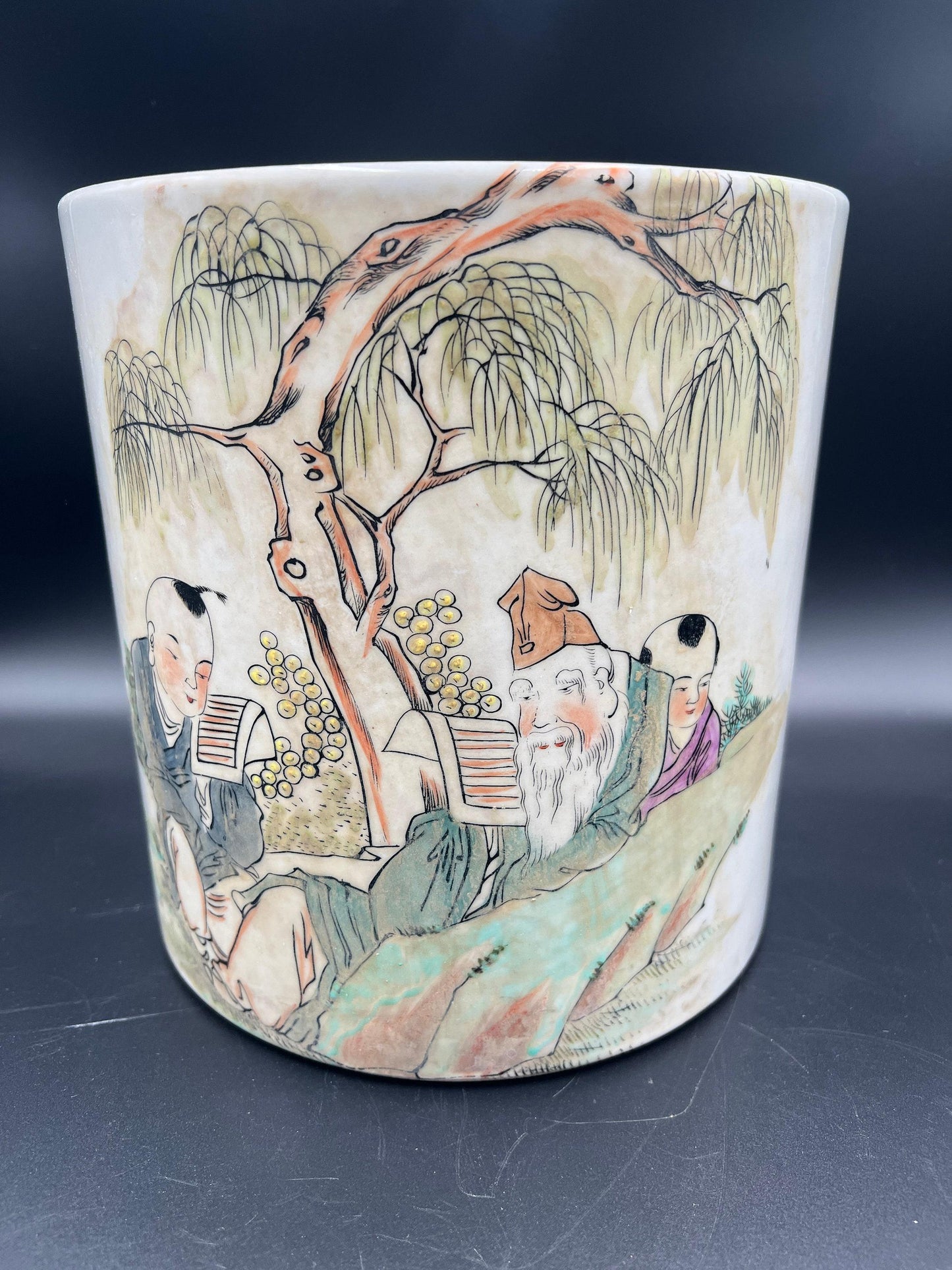 Chinese Brush Pot: Famille Verte Enameled Porcelain - Signed & Sealed