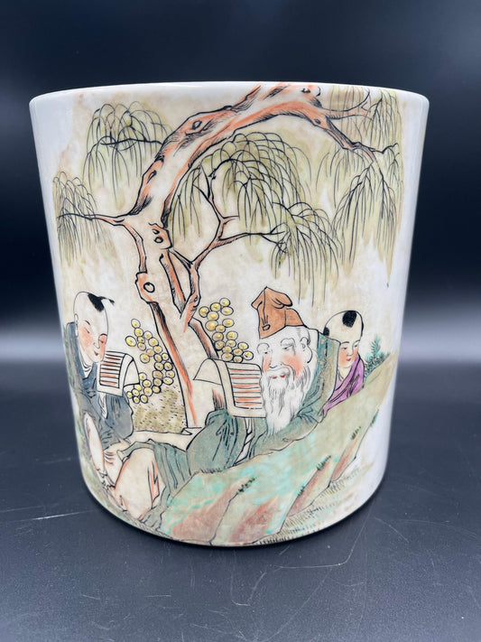 Chinese Brush Pot: Famille Verte Enameled Porcelain - Signed & Sealed