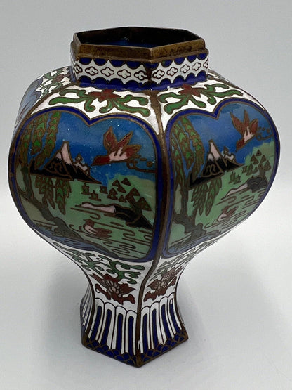 Asian Cloisonne Vase - Small Hand-Painted Metal Panel