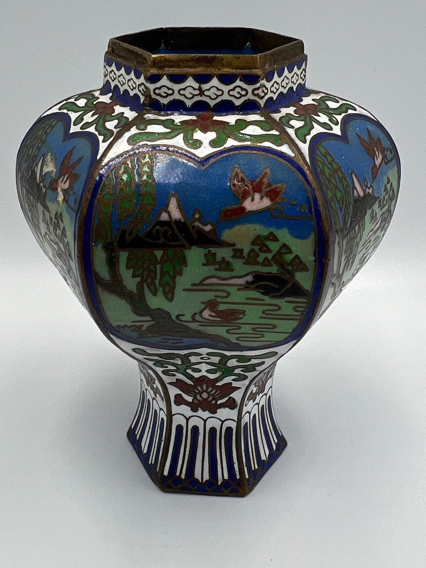 Asian Cloisonne Vase - Small Hand-Painted Metal Panel