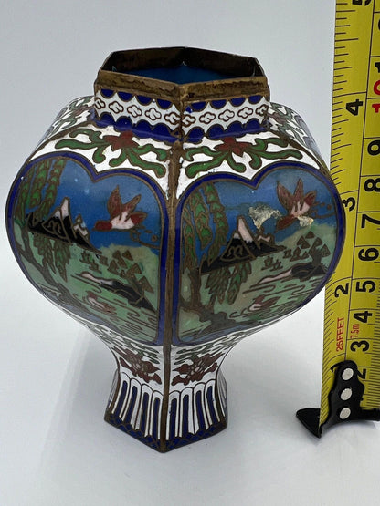 Asian Cloisonne Vase - Small Hand-Painted Metal Panel