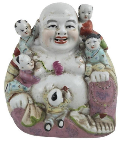 Chinese Porcelain Figurine Famille Rose Laughing Buddha Hotei with Children Vintage Decor