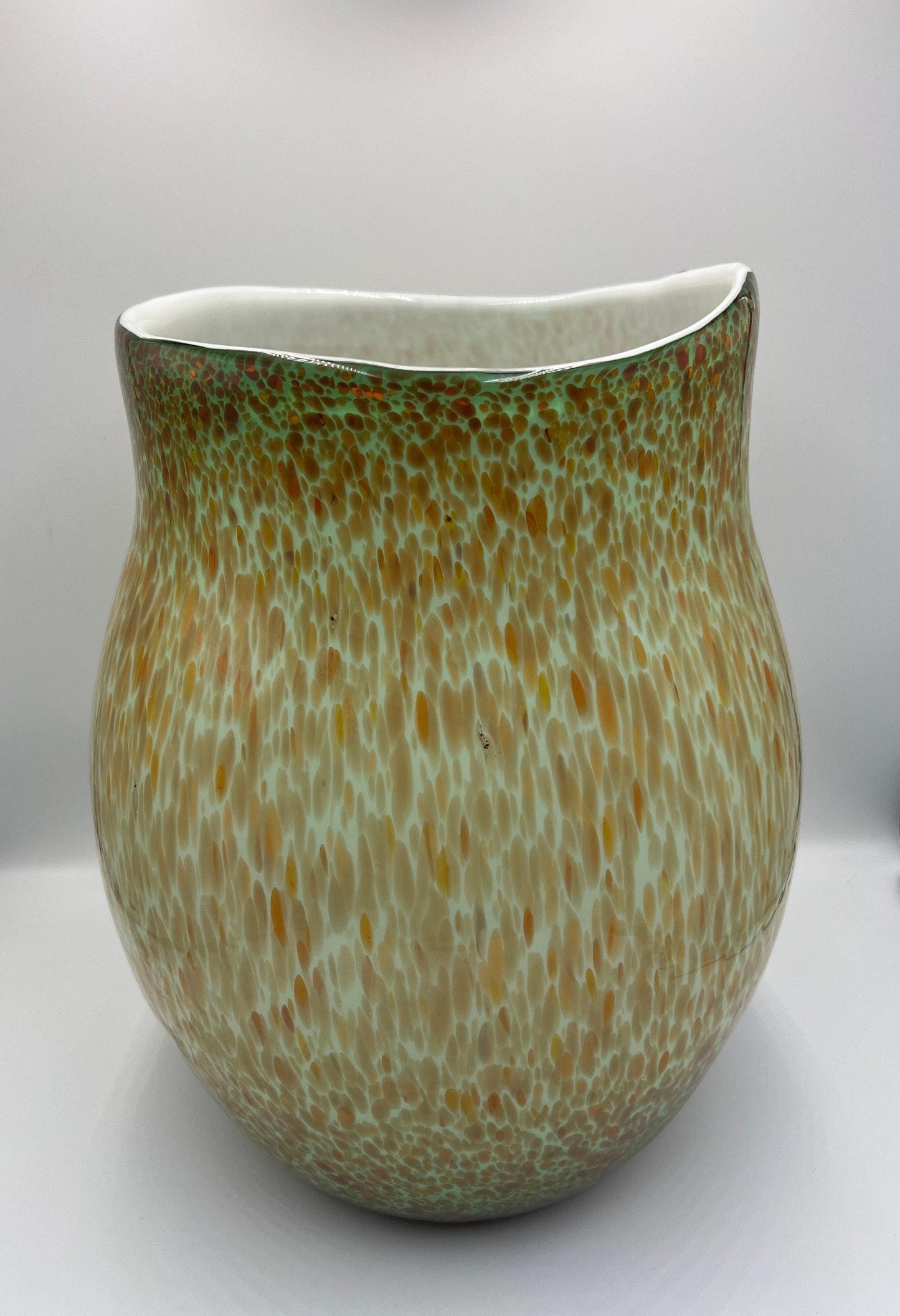 Murano Style Art Glass Vase, Green & Orange (13.5" Tall, Heavy)