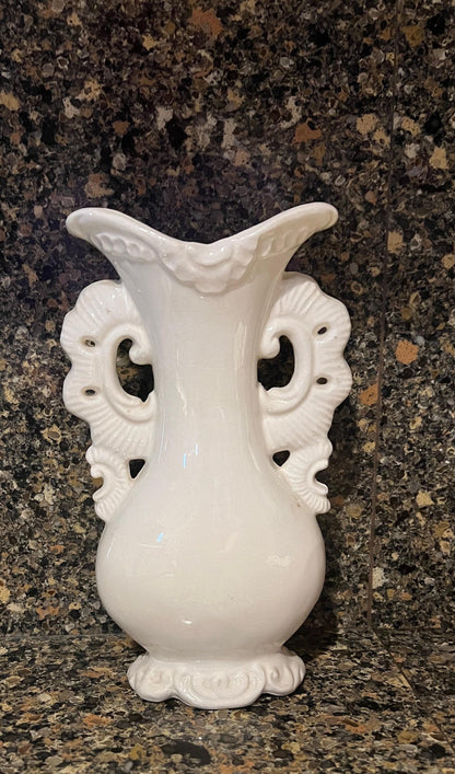 White Vase 8 1/2" Tall w/Gold Trim & Applied Pink Flower.
