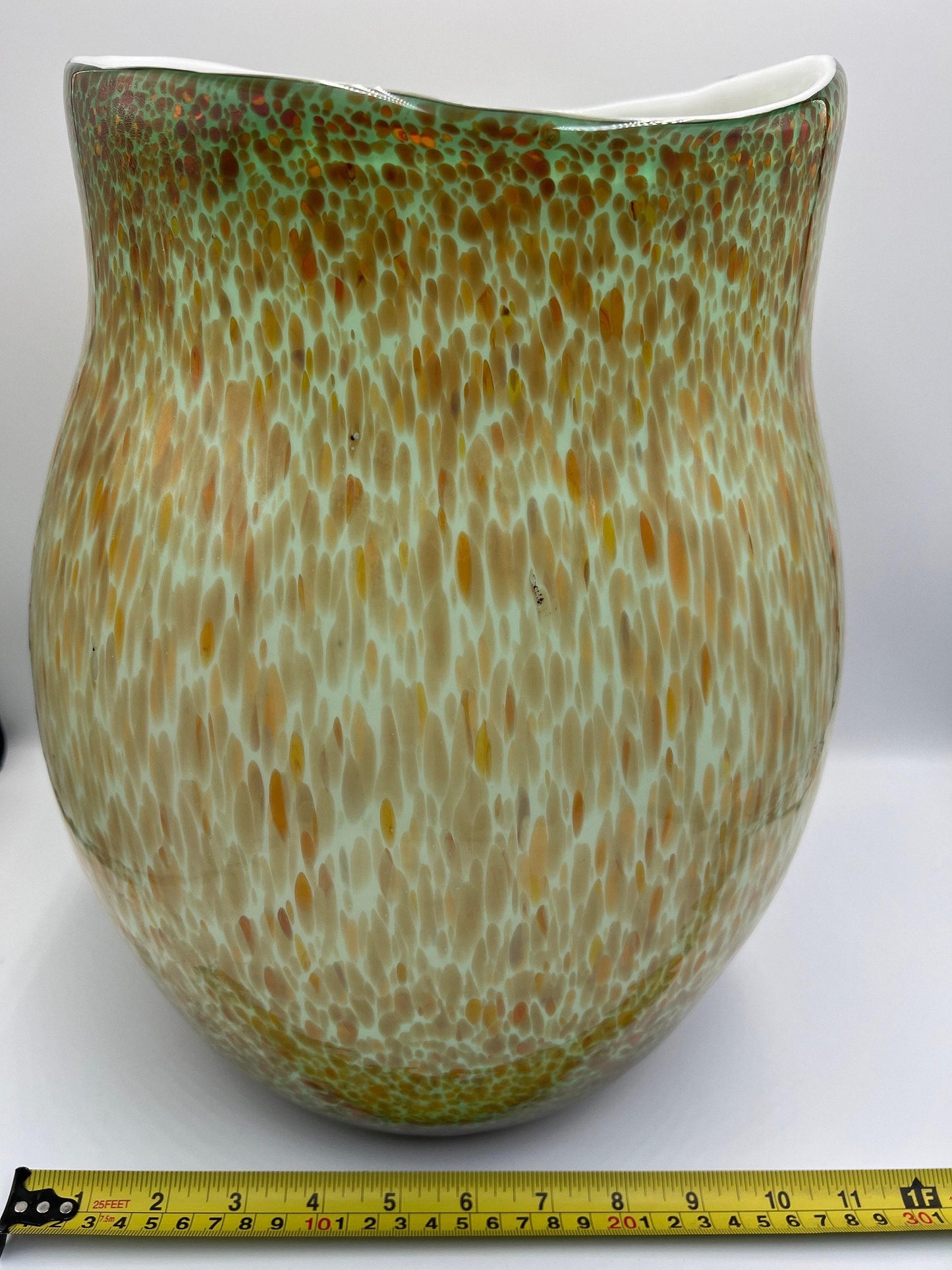 Murano Style Art Glass Vase, Green & Orange (13.5" Tall, Heavy)