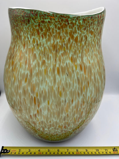 Murano Style Art Glass Vase, Green & Orange (13.5" Tall, Heavy)