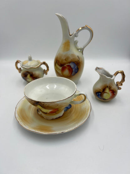 Vintage Tea Set Pitcher and Creamer: Fruit Design with Gold Trim