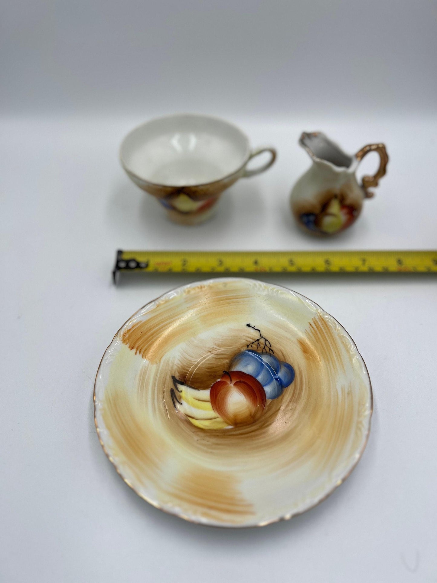 Vintage Tea Set Pitcher and Creamer: Fruit Design with Gold Trim