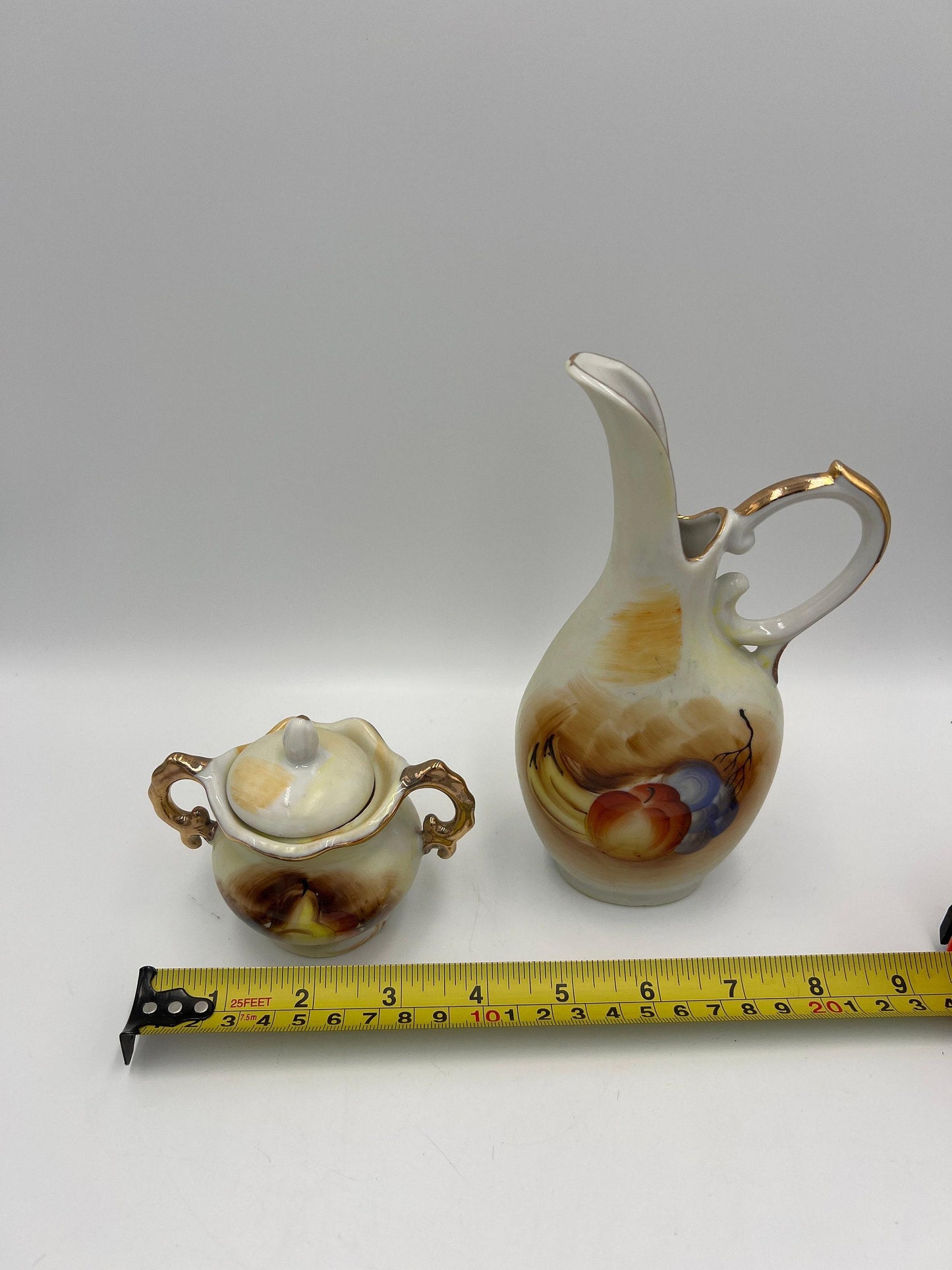Vintage Tea Set Pitcher and Creamer: Fruit Design with Gold Trim