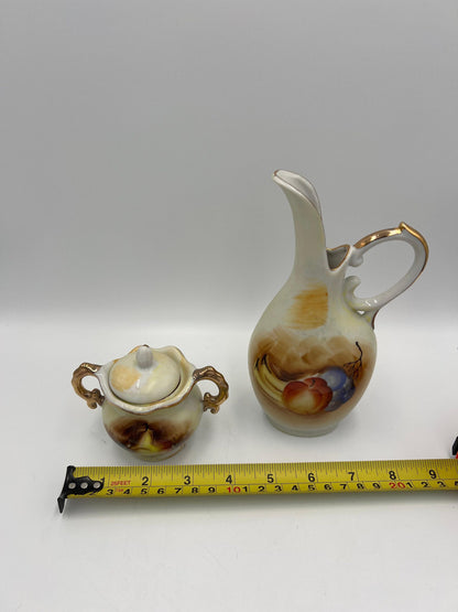 Vintage Tea Set Pitcher and Creamer: Fruit Design with Gold Trim