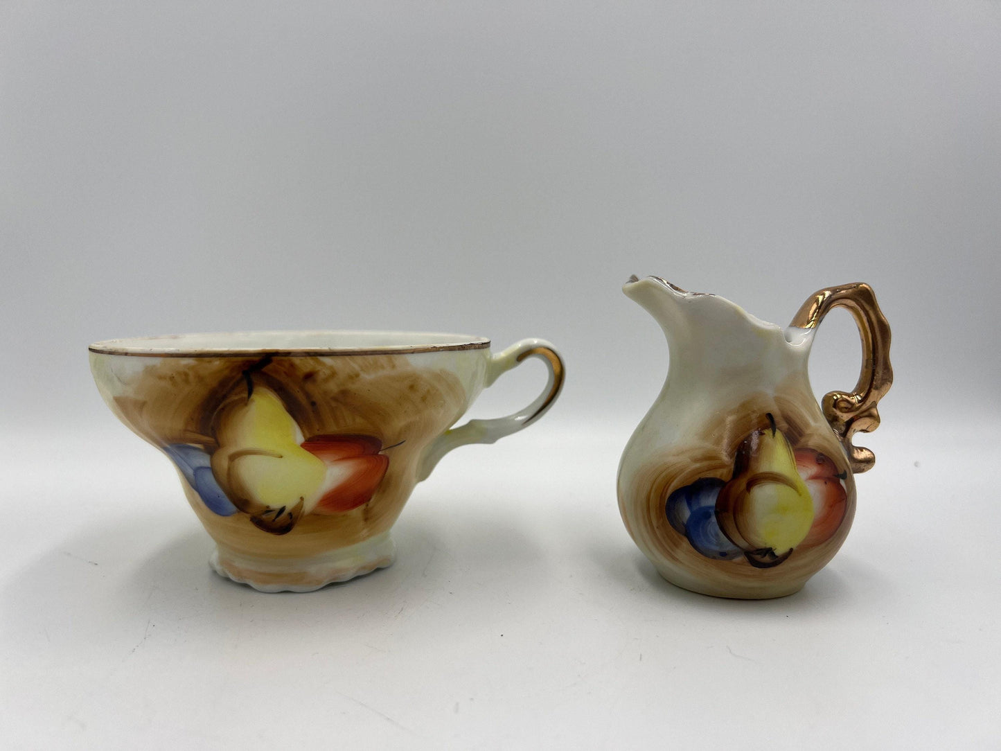 Vintage Tea Set Pitcher and Creamer: Fruit Design with Gold Trim