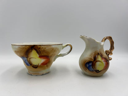 Vintage Tea Set Pitcher and Creamer: Fruit Design with Gold Trim