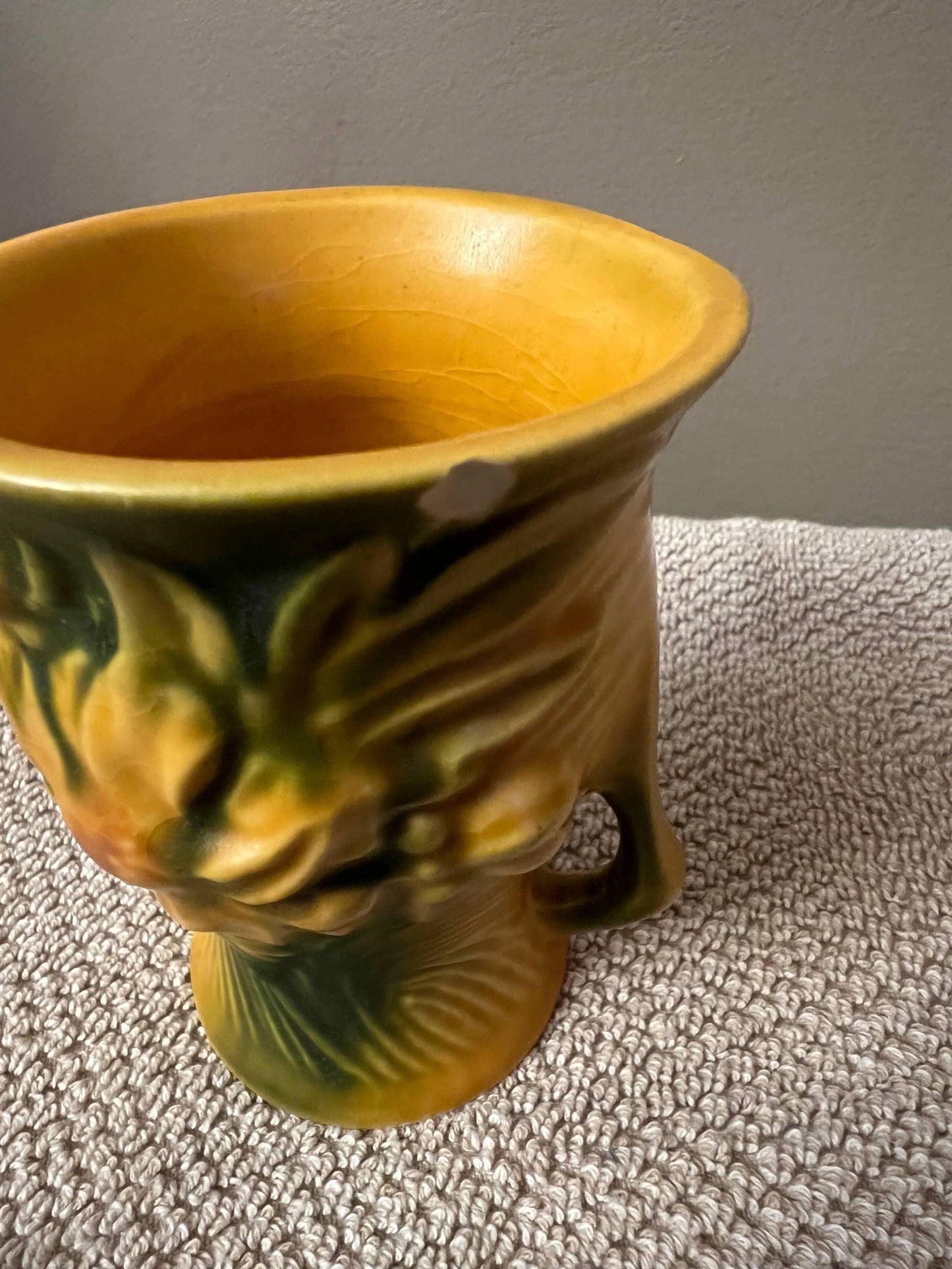 Peony Double Handle Vase: Roseville Pottery Floral (1940s Vintage)