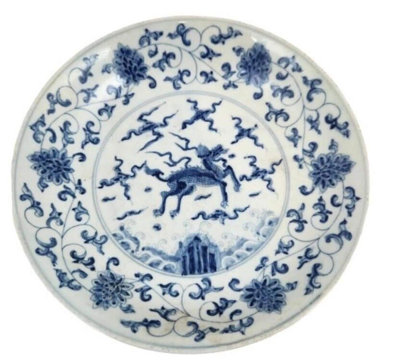 Blue and White Porcelain Bowl - Foo Dog Centerpiece, Asian Decor