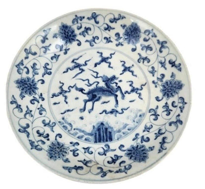 Blue and White Porcelain Bowl - Foo Dog Centerpiece, Asian Decor