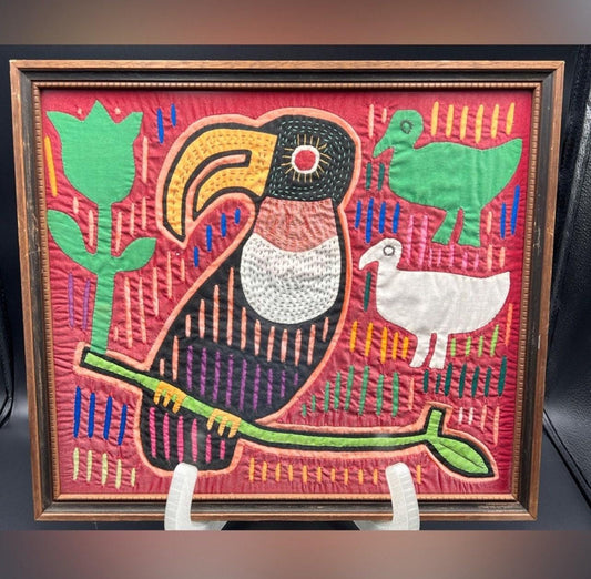 Parrot Mola Artwork: Panama Folk Art (Framed, Hand Sewn)