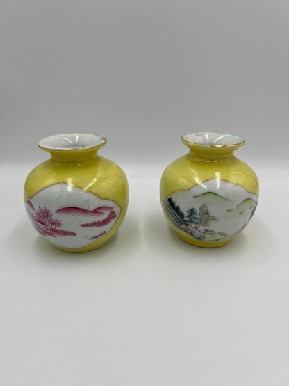 Yellow Chinese Vases: Landscape Scene with Red and Green Designs