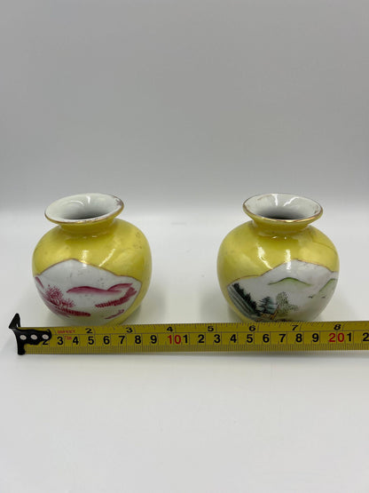 Yellow Chinese Vases: Landscape Scene with Red and Green Designs