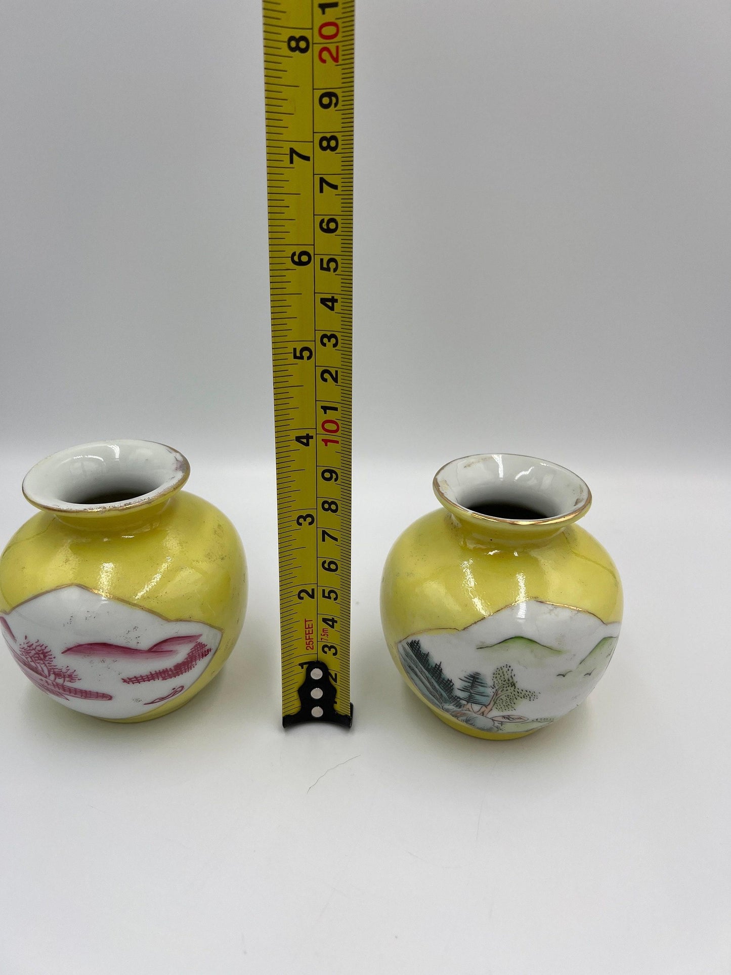 Yellow Chinese Vases: Landscape Scene with Red and Green Designs