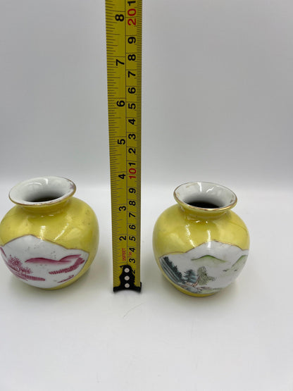 Yellow Chinese Vases: Landscape Scene with Red and Green Designs