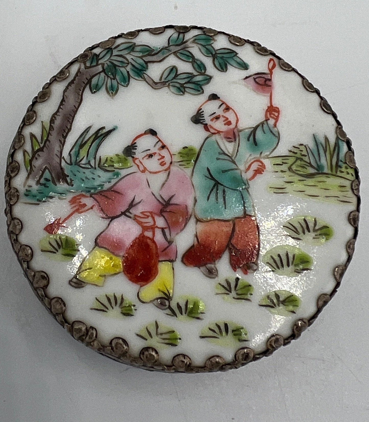 Porcelain Jewelry Box: Vintage Silver Wash with Hand Painted Figures (Small)