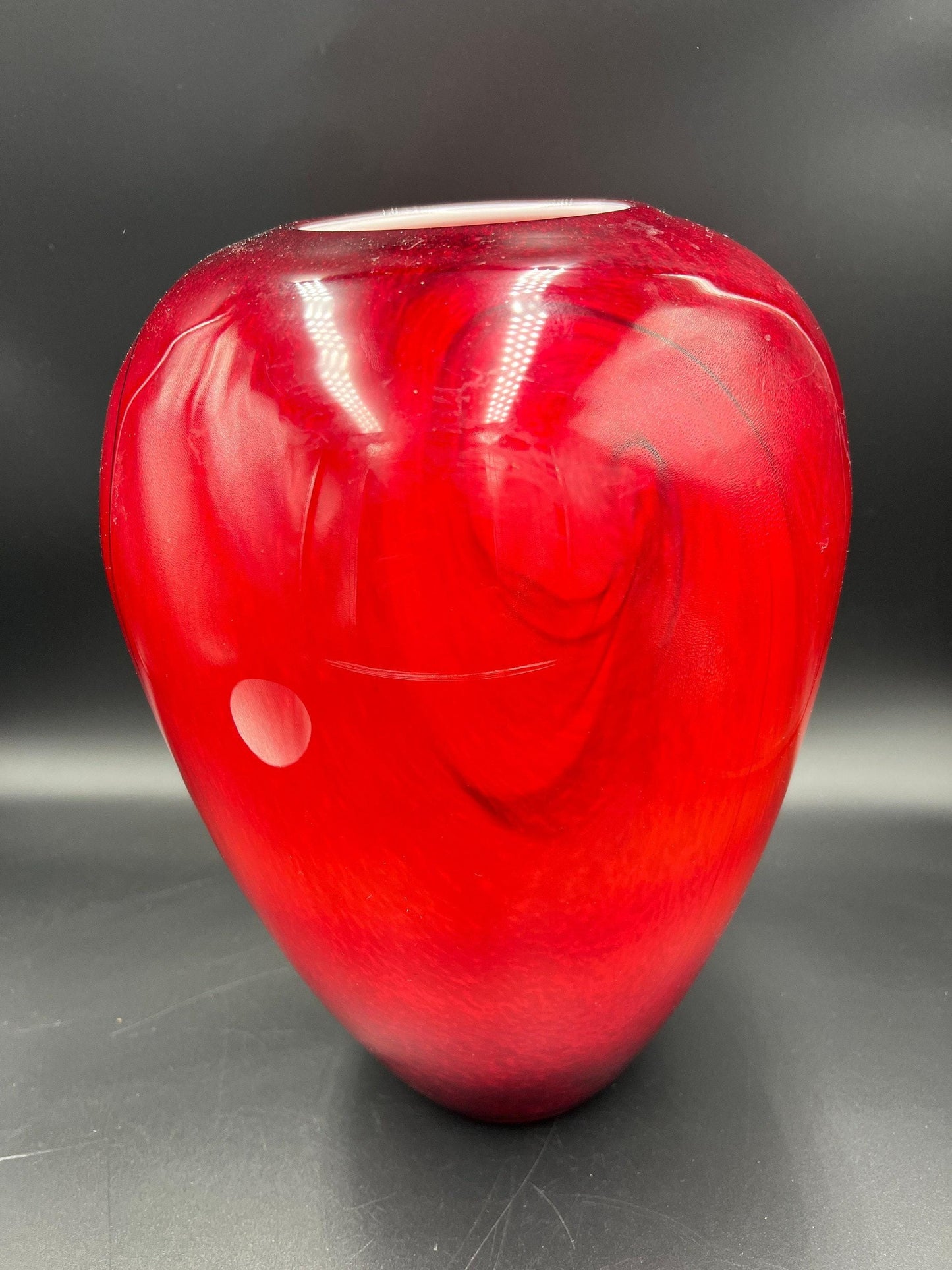 Artistic Red Glass Vase with Black Swirls (10" Tall)