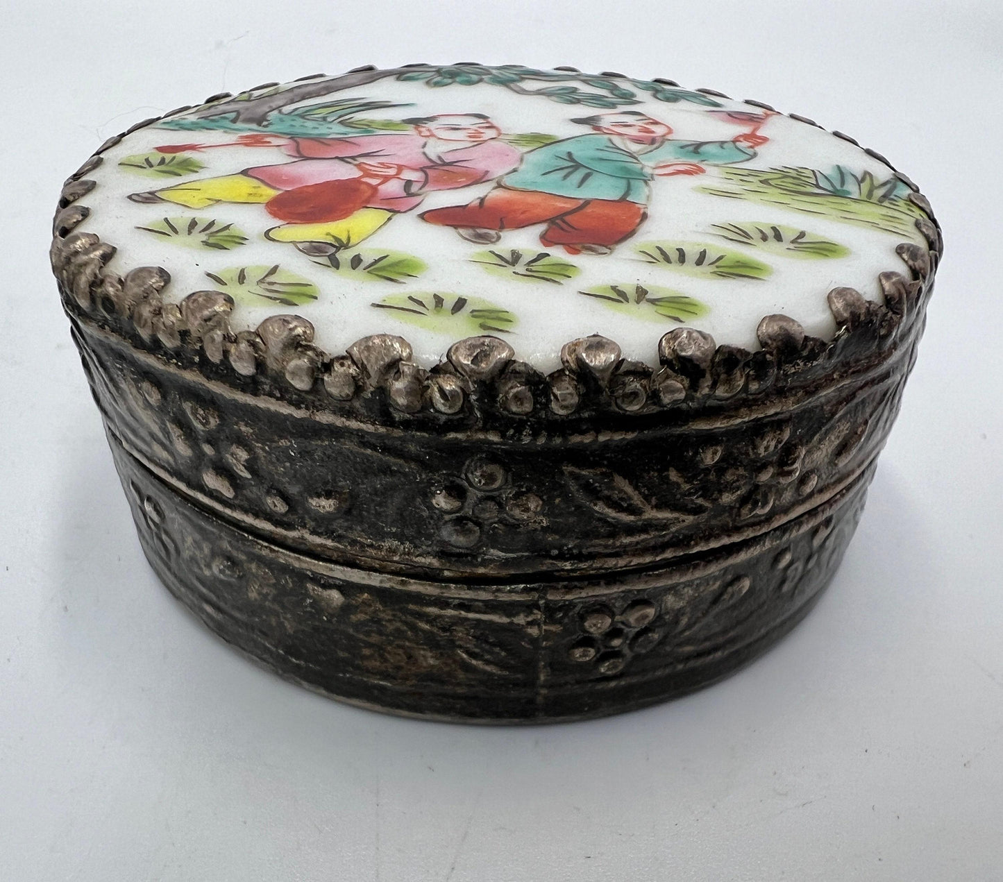 Porcelain Jewelry Box: Vintage Silver Wash with Hand Painted Figures (Small)