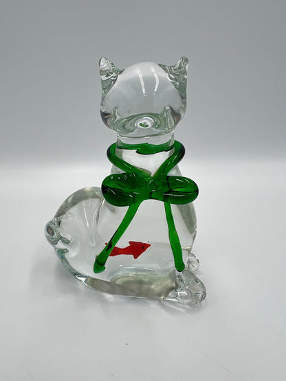 Murano Style Glass Cat Figurine - Whimsical Fish Design