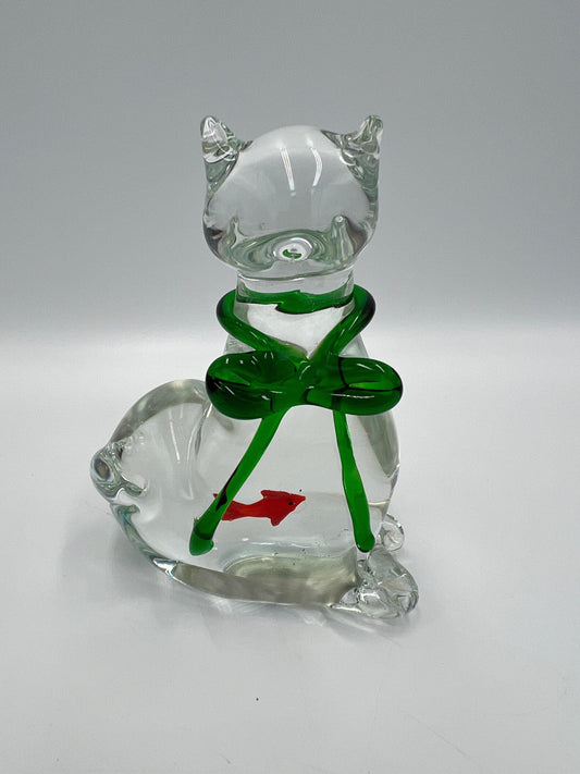 Murano Style Glass Cat Figurine with Fish