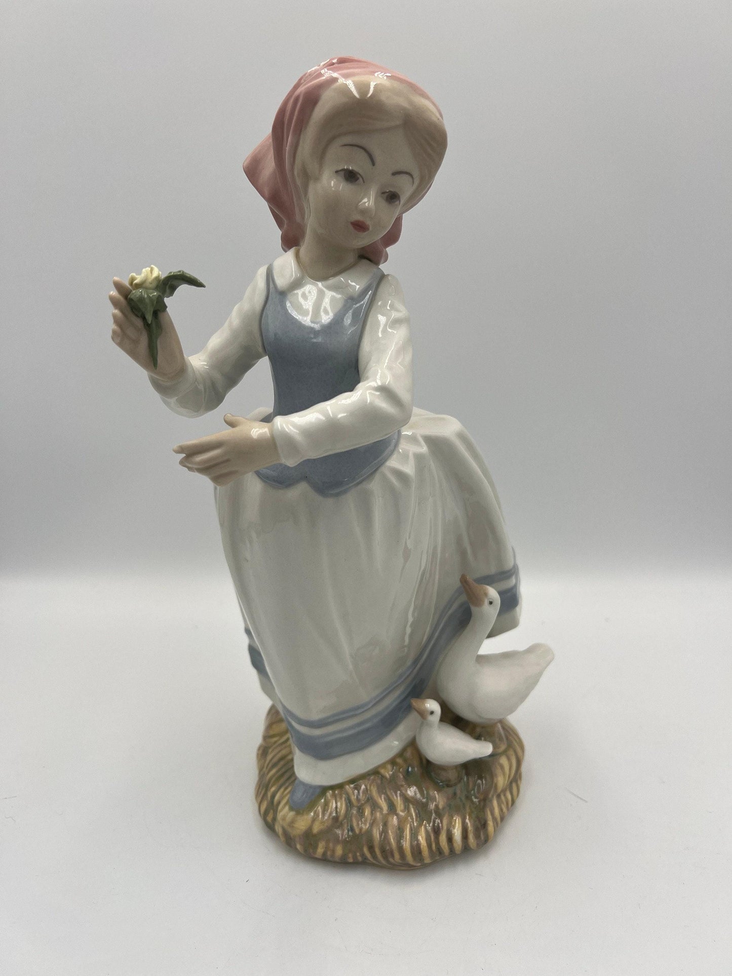 Vintage Spanish Tengra Girl Figurine - Porcelain with Floral and Geese Detail