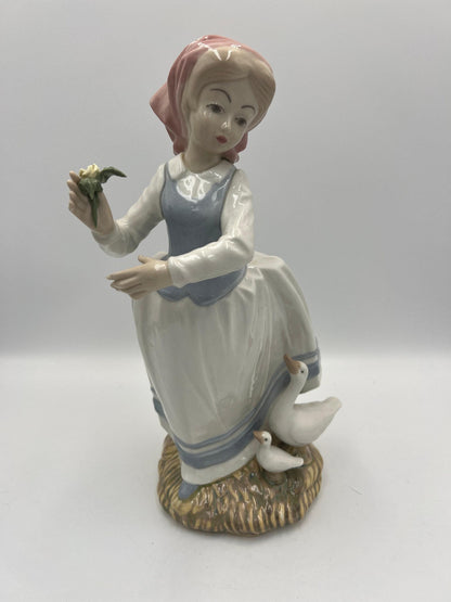Vintage Spanish Tengra Girl Figurine - Porcelain with Floral and Geese Detail