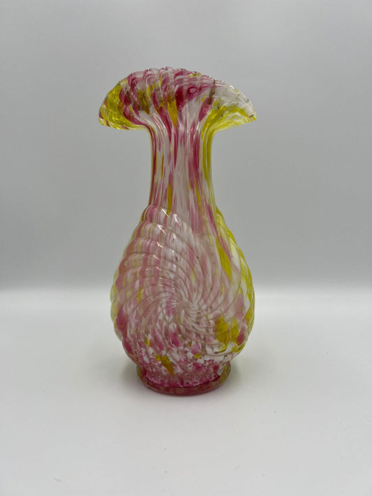 Vintage Pink & Yellow Swirl Glass Ruffled Tulip Vase
