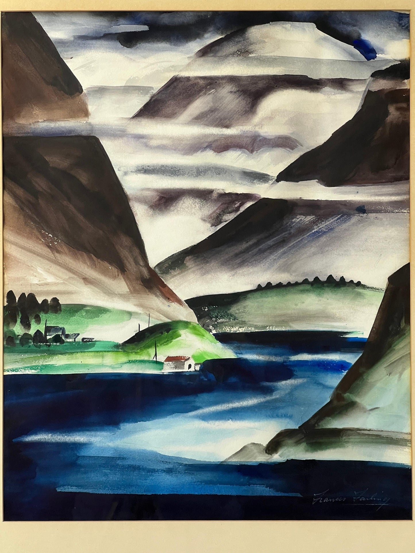 Naero Fjord Watercolor Painting: Signed Frances Failing, 33x27 Inches