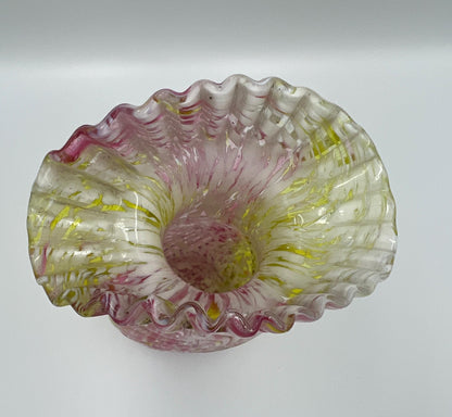Vintage Tulip Glass Vase, Pink Yellow White Swirl (Ruffled Edge, 7.5in)