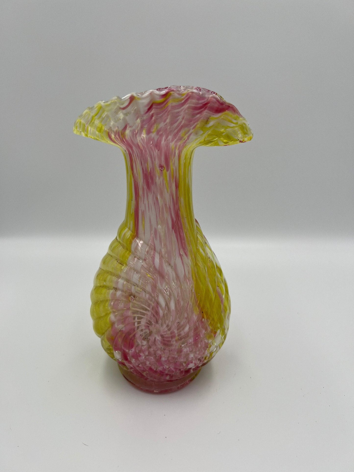 Vintage Tulip Glass Vase, Pink Yellow White Swirl (Ruffled Edge, 7.5in)