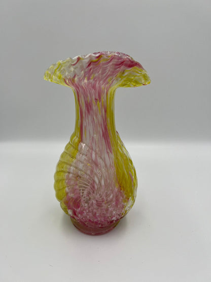 Vintage Tulip Glass Vase, Pink Yellow White Swirl (Ruffled Edge, 7.5in)