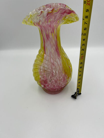 Vintage Tulip Glass Vase, Pink Yellow White Swirl (Ruffled Edge, 7.5in)