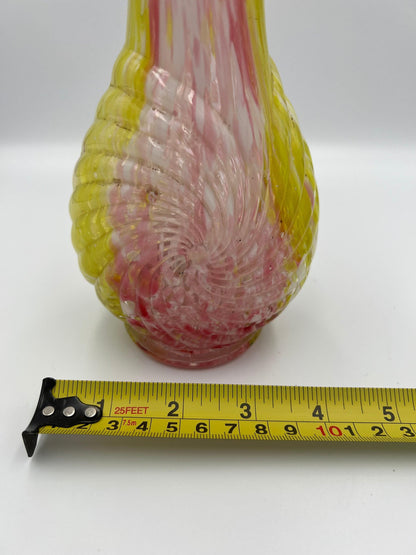 Vintage Tulip Glass Vase, Pink Yellow White Swirl (Ruffled Edge, 7.5in)